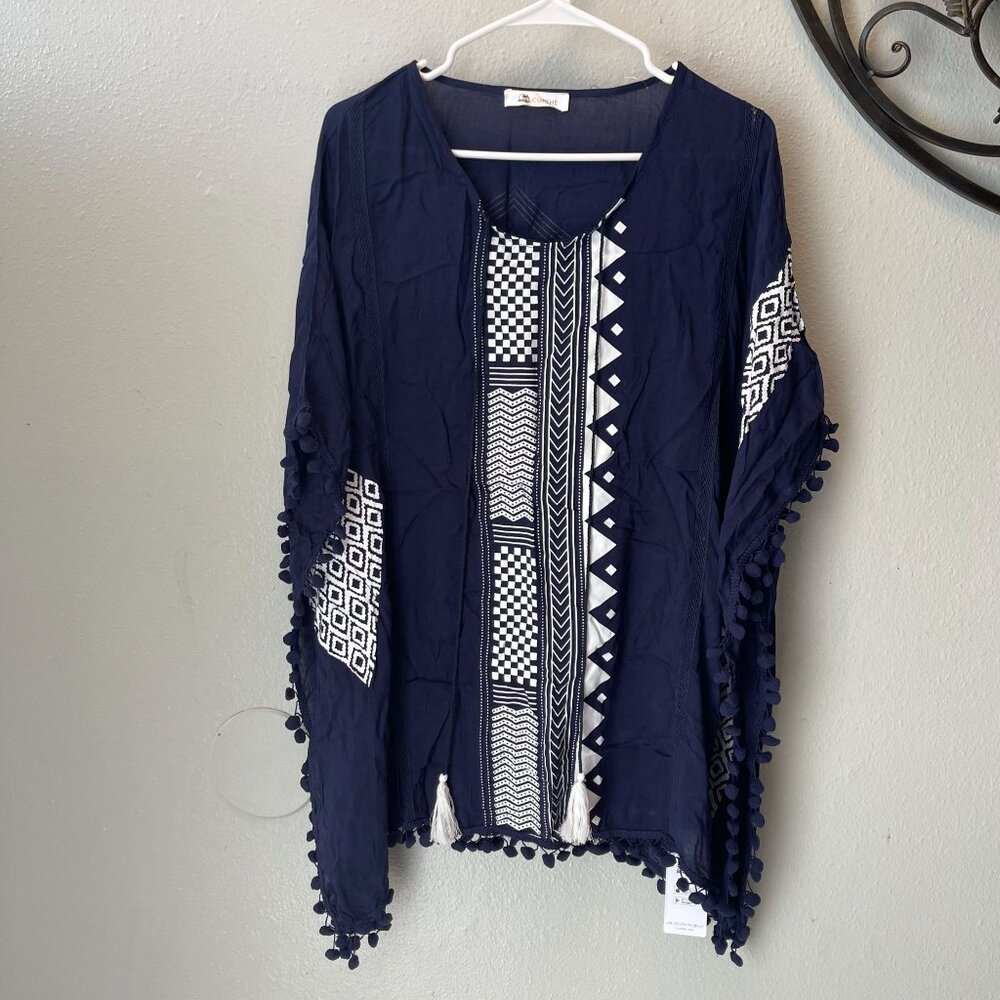 Cupshe Blue Boho Tunic Cover-Up withâ Tassels & Pom Pom Trim â One Size